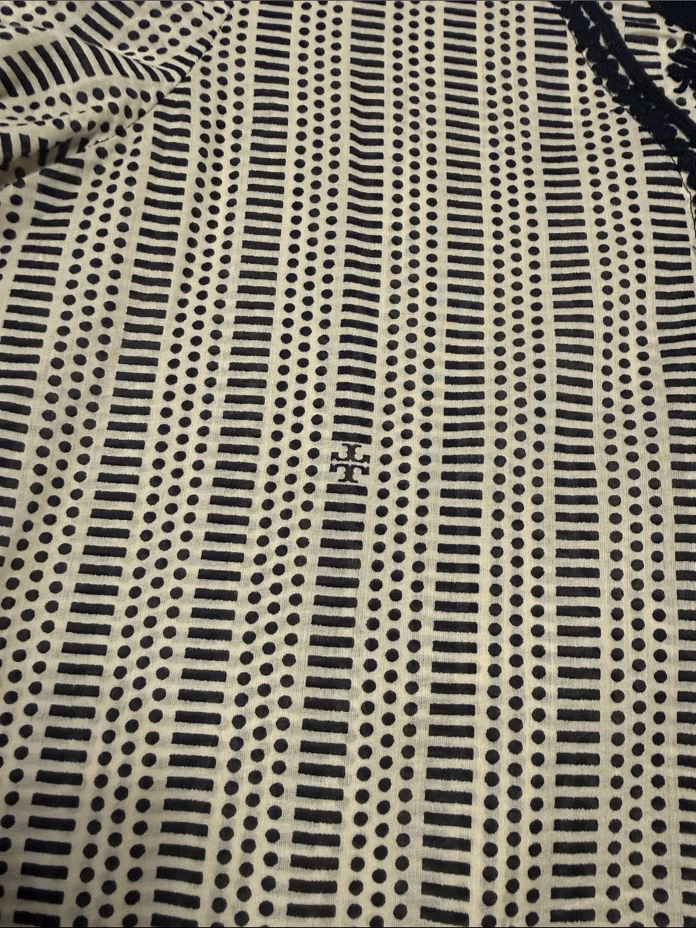 Tory Burch Navy and White V-Neck Lace-Trim Tunic